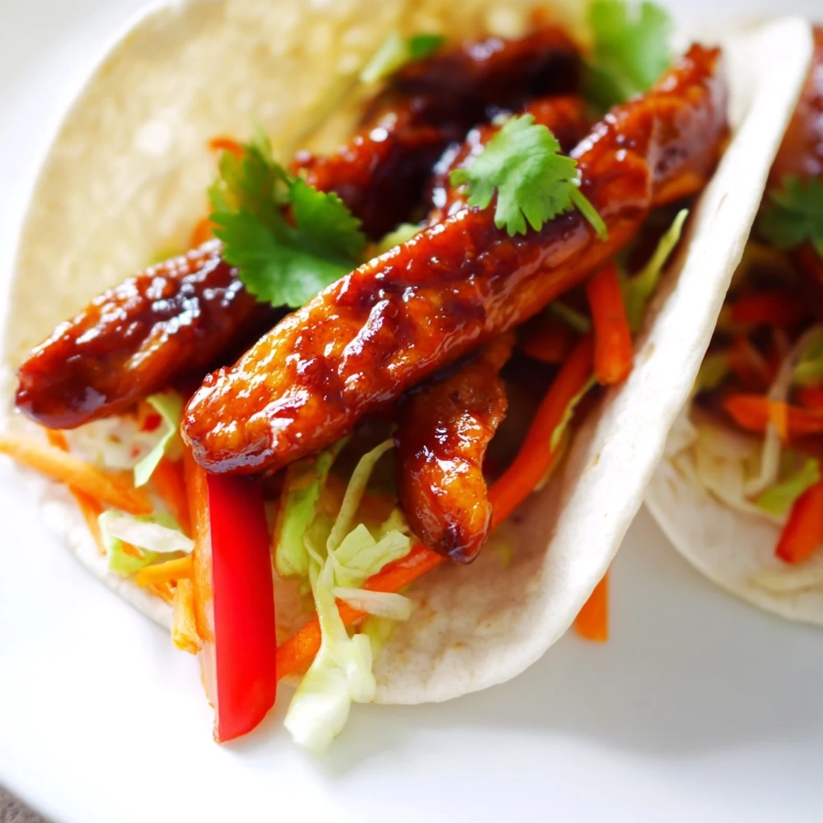 Soft tortilla wrapped around sweet and spicy chicken, lettuce, carrots, and red onion for lunch.