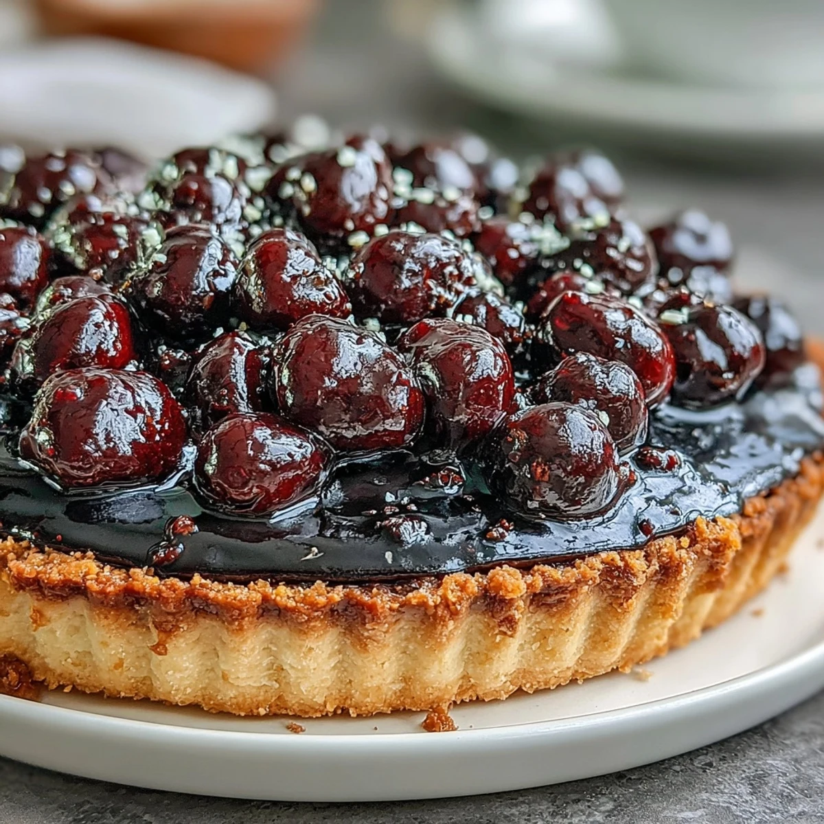 Freshly baked Black Currant Fruit Tart with a golden crust and vibrant berry topping is displayed on a marble board.