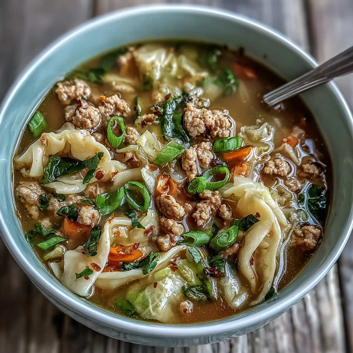 Cozy One-Pot Egg Roll Soup in a rustic bowl, topped with fresh green onions, perfect for a chilly evening meal.