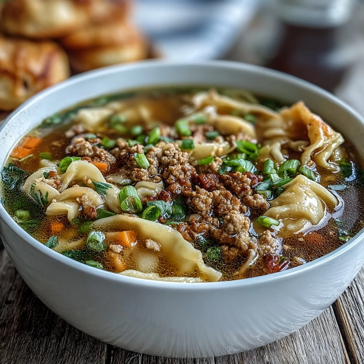 Savory Cozy One-Pot Egg Roll Soup with tender cabbage and carrots, ready to serve alongside crispy wonton strips.