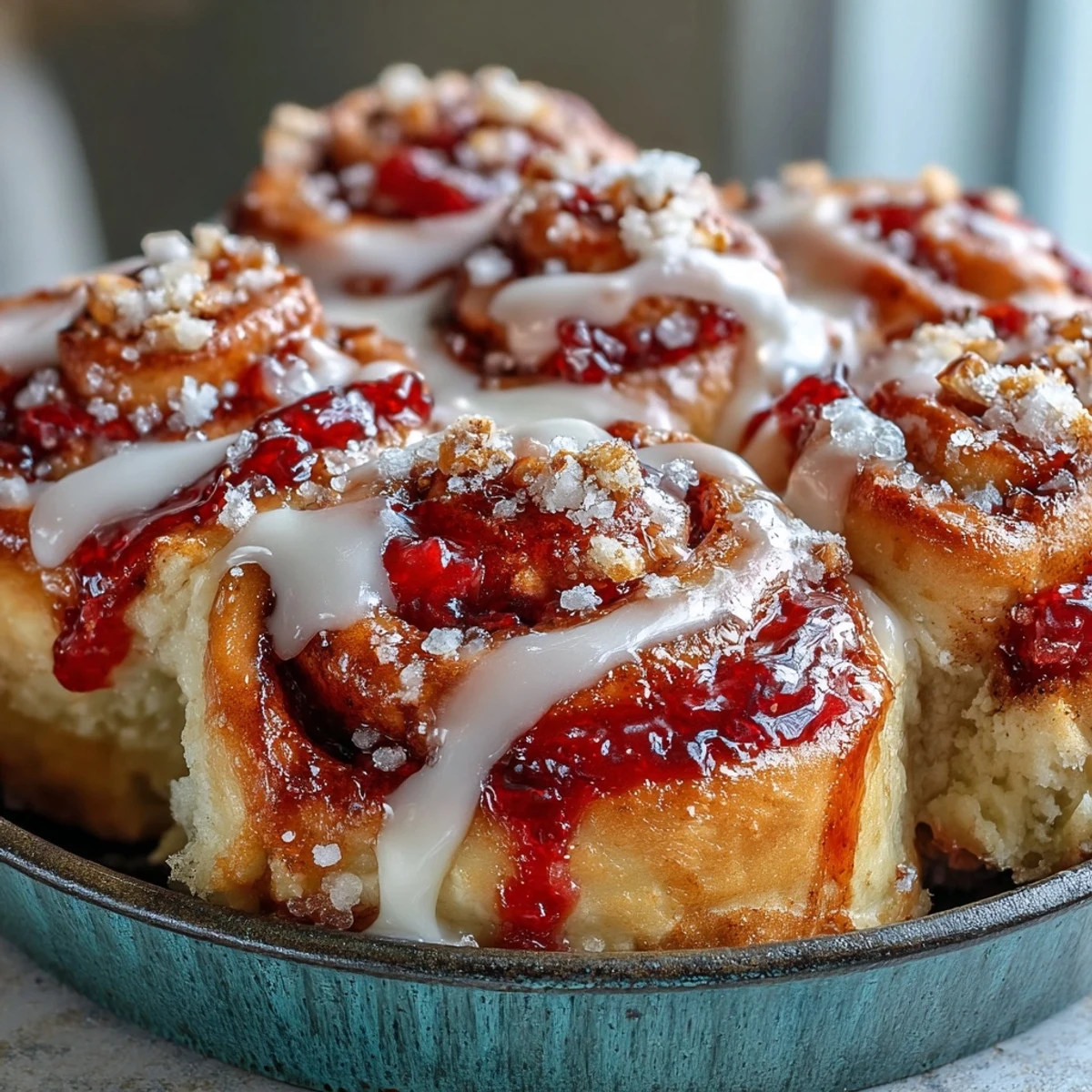 Freshly baked Strawberry Cinnamon Rolls are pulled apart from the pan, revealing fluffy brioche dough and a vibrant, gooey fruit filling.