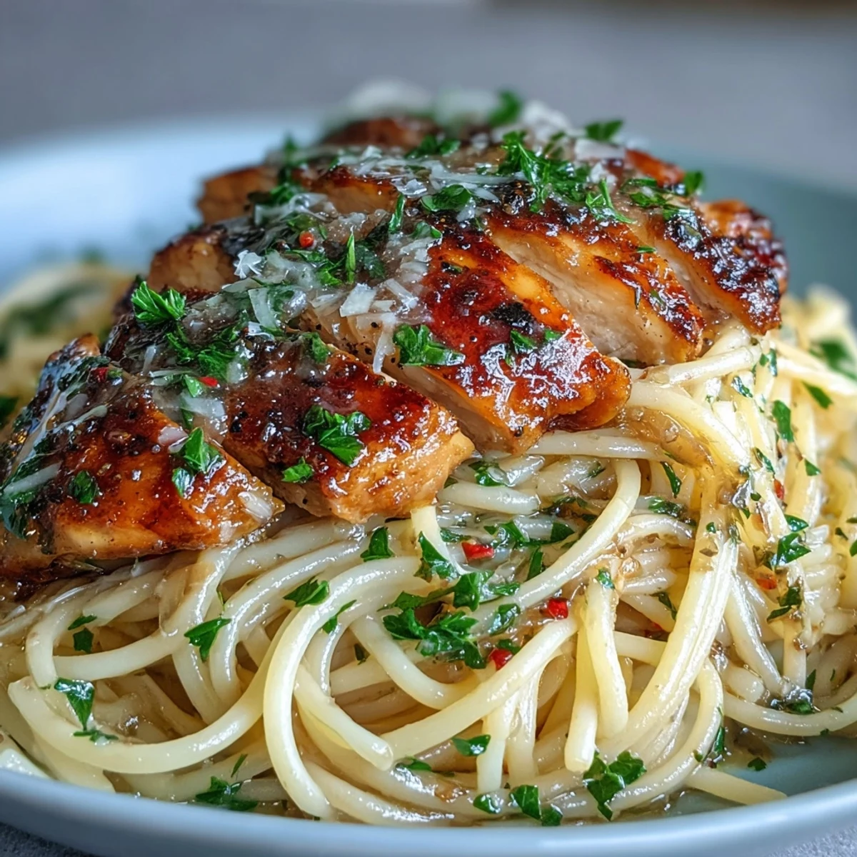 Steaming Sticky Honey Garlic Chicken Pasta in a skillet, featuring tender chicken pieces and a creamy Parmesan finish.