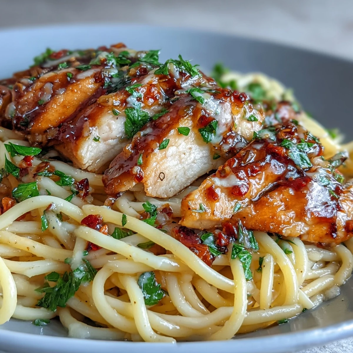 Plated Sticky Honey Garlic Chicken Pasta garnished with red pepper flakes, paired with a glass of white wine.