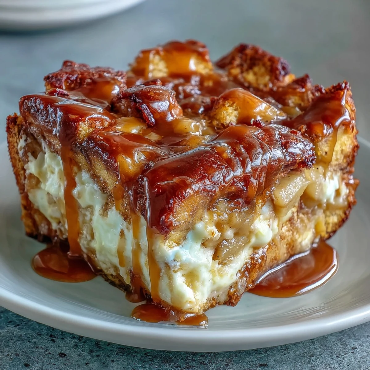 Golden brown Caramel Apple Cheesecake Bread Pudding with a rich caramel drizzle and fresh apple chunks.