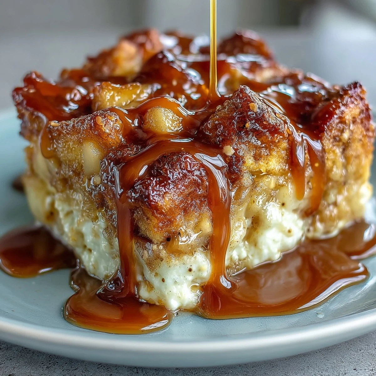Fresh baked Caramel Apple Cheesecake Bread Pudding in a casserole dish with creamy custard and cinnamon.