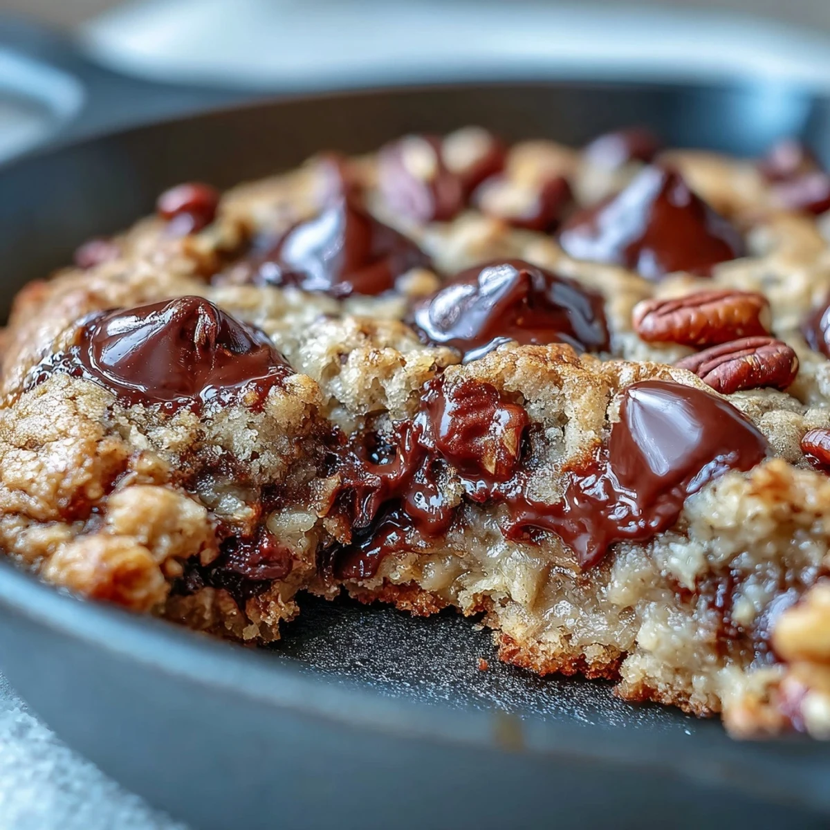Freshly baked Chunky Monkey Oatmeal Cookie Skillet with melted chocolate chunks and ripe banana slices in a cast iron pan.