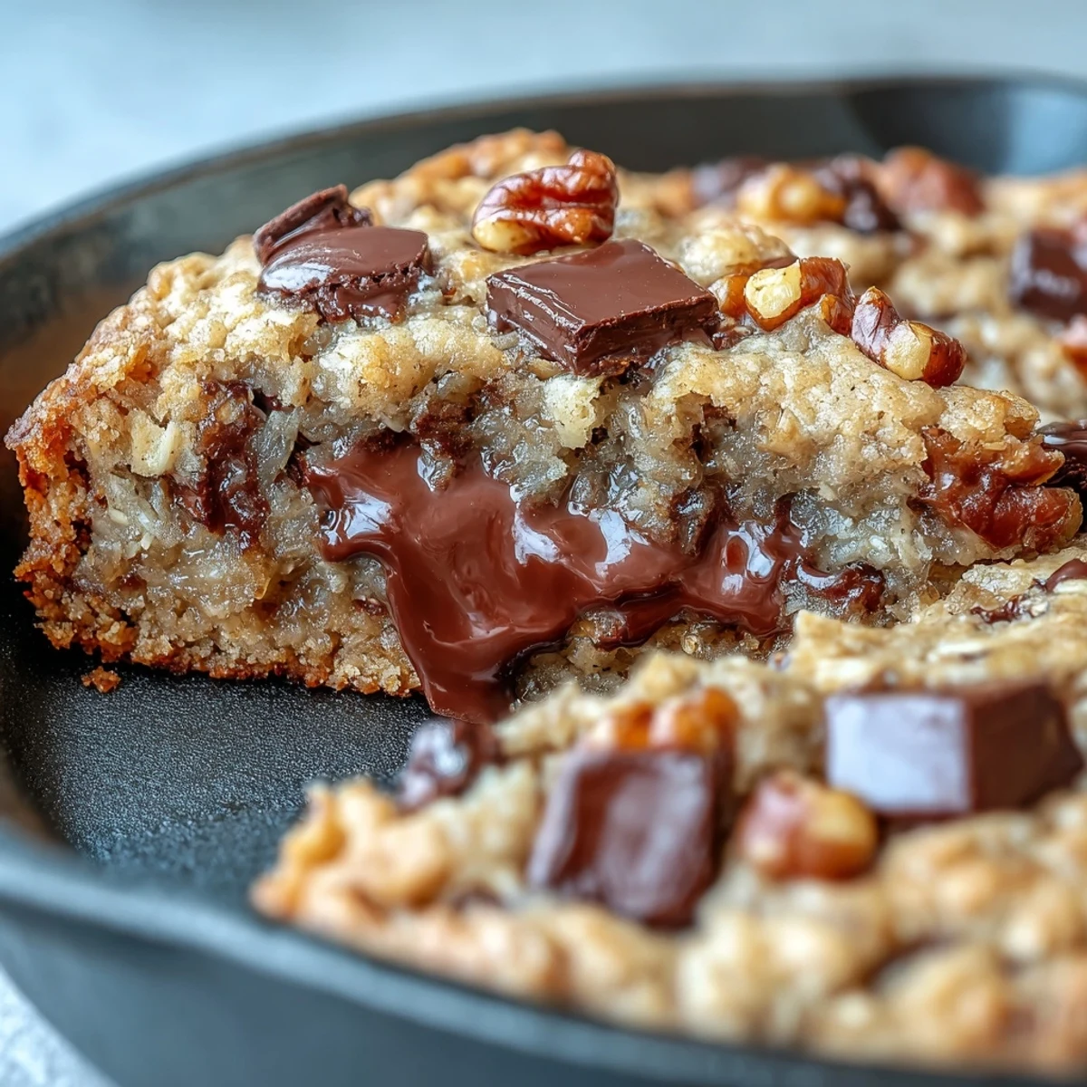 Golden brown Chunky Monkey Oatmeal Cookie Skillet with rich dark chocolate and crunchy walnuts served directly in the skillet.