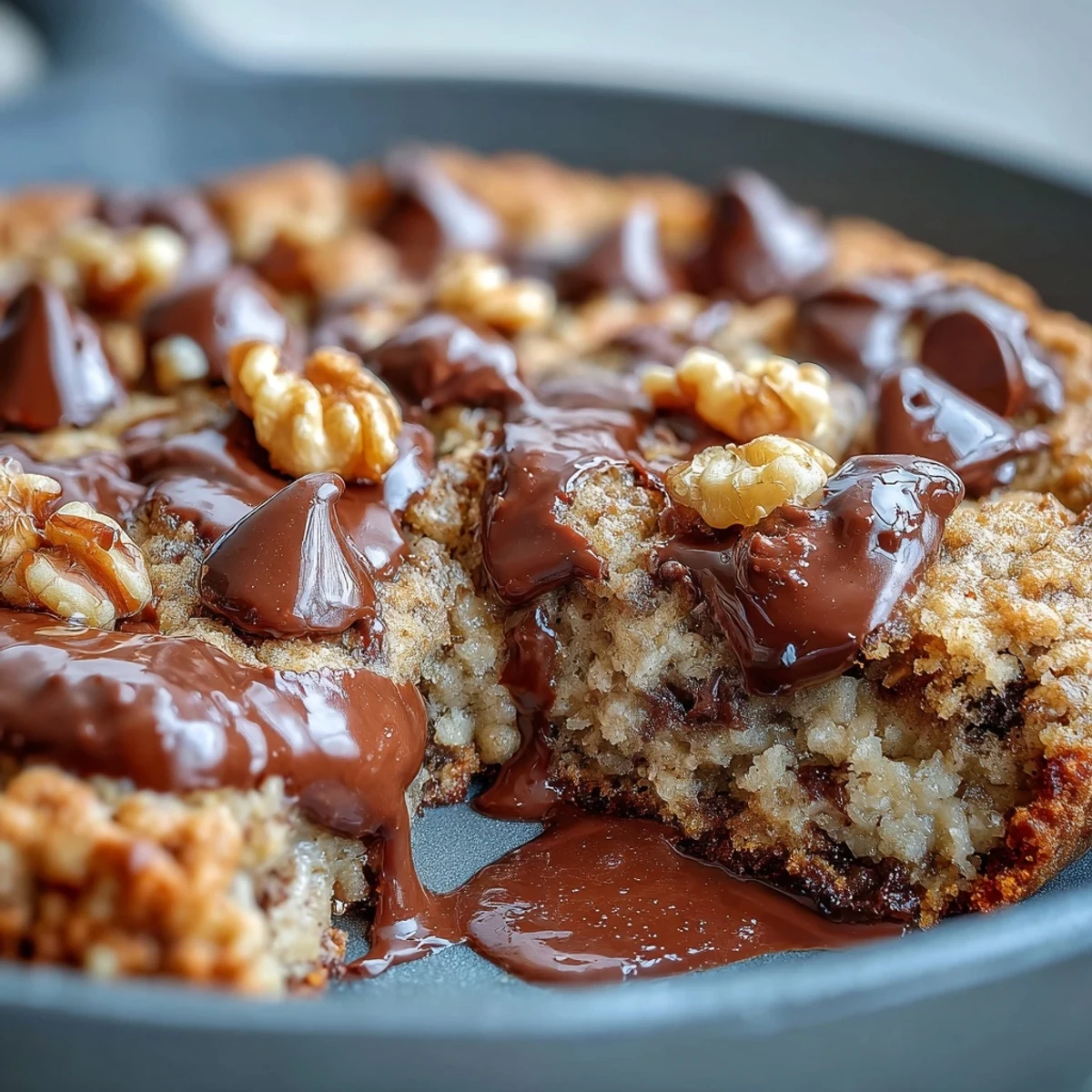 A warm, gooey Chunky Monkey Oatmeal Cookie Skillet topped with scoops of vanilla ice cream melting over the edges.