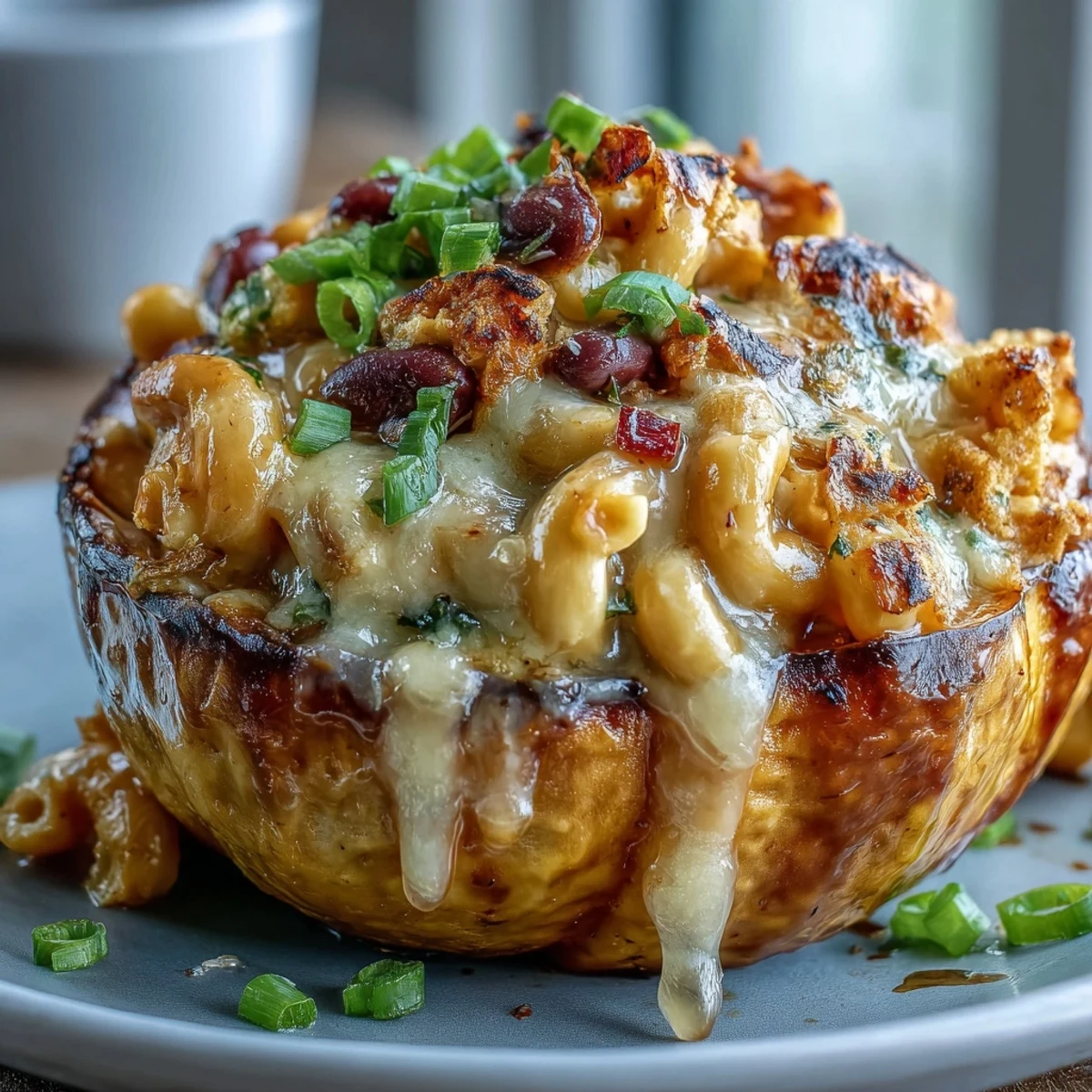 Roasted acorn squash halves filled with bubbling Hot Honey Chili Mac Stuffed Squash, topped with fresh cilantro.