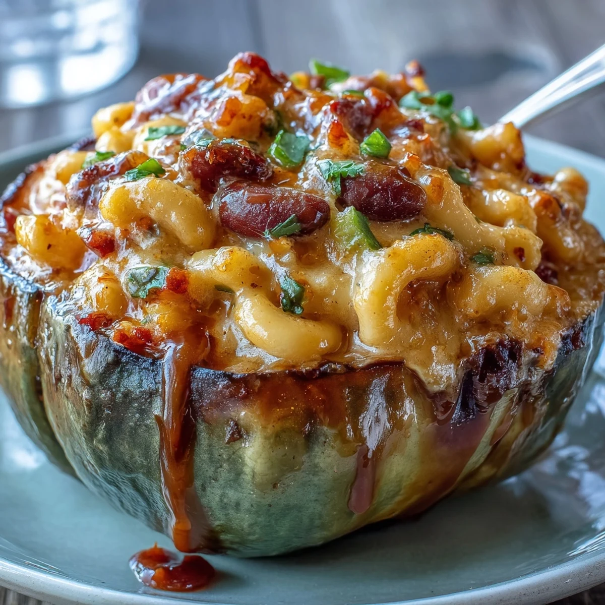 A single serving of Hot Honey Chili Mac Stuffed Squash being scooped from a bowl, revealing creamy macaroni inside.