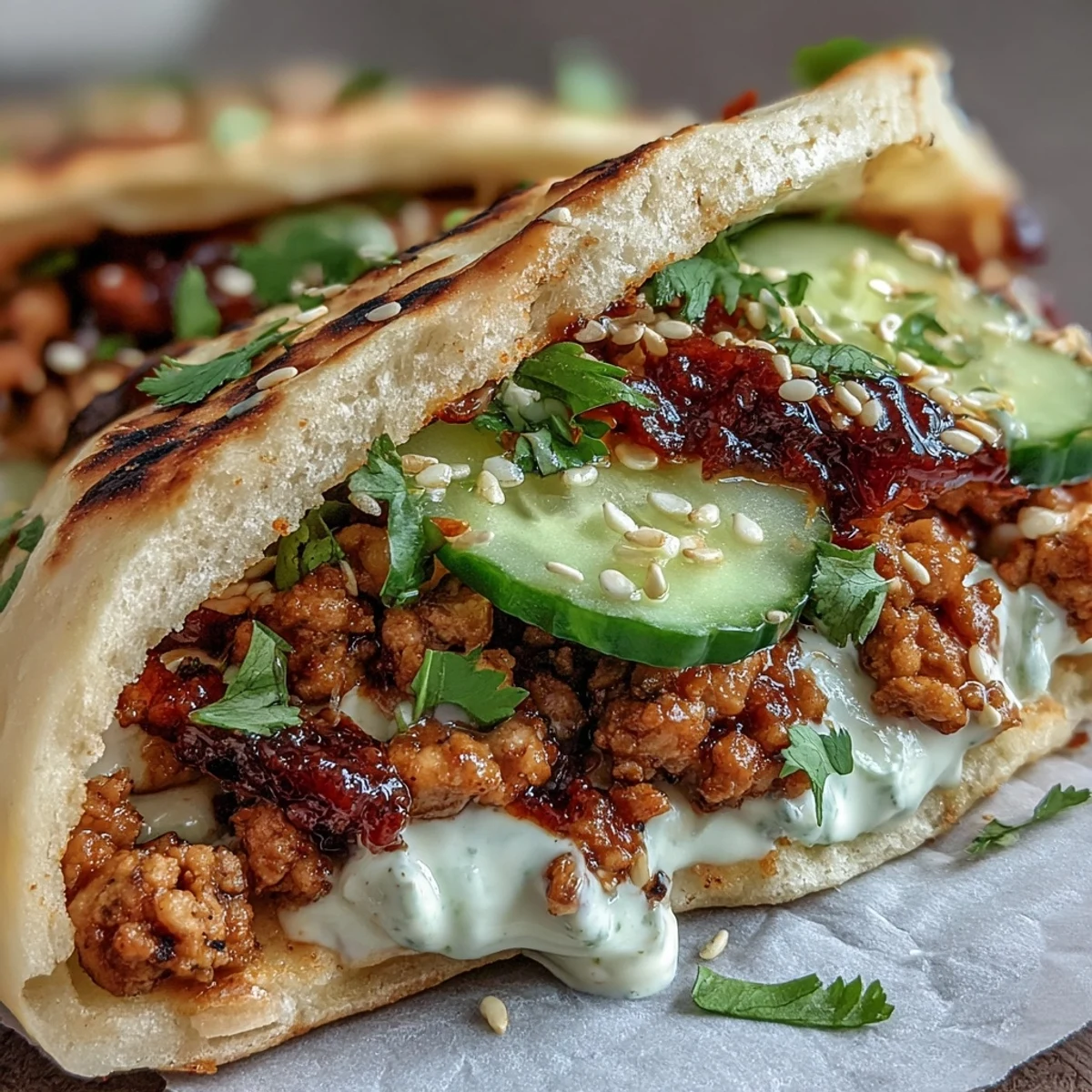 Golden-brown warm naan pockets overflowing with juicy Korean turkey, garnished with crisp cucumber slices and creamy gochujang mayo.