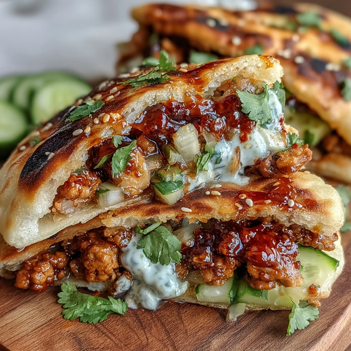 Freshly assembled Korean Turkey Stuffed Naan Pockets served on a plate with extra sauce and toasted sesame seeds.