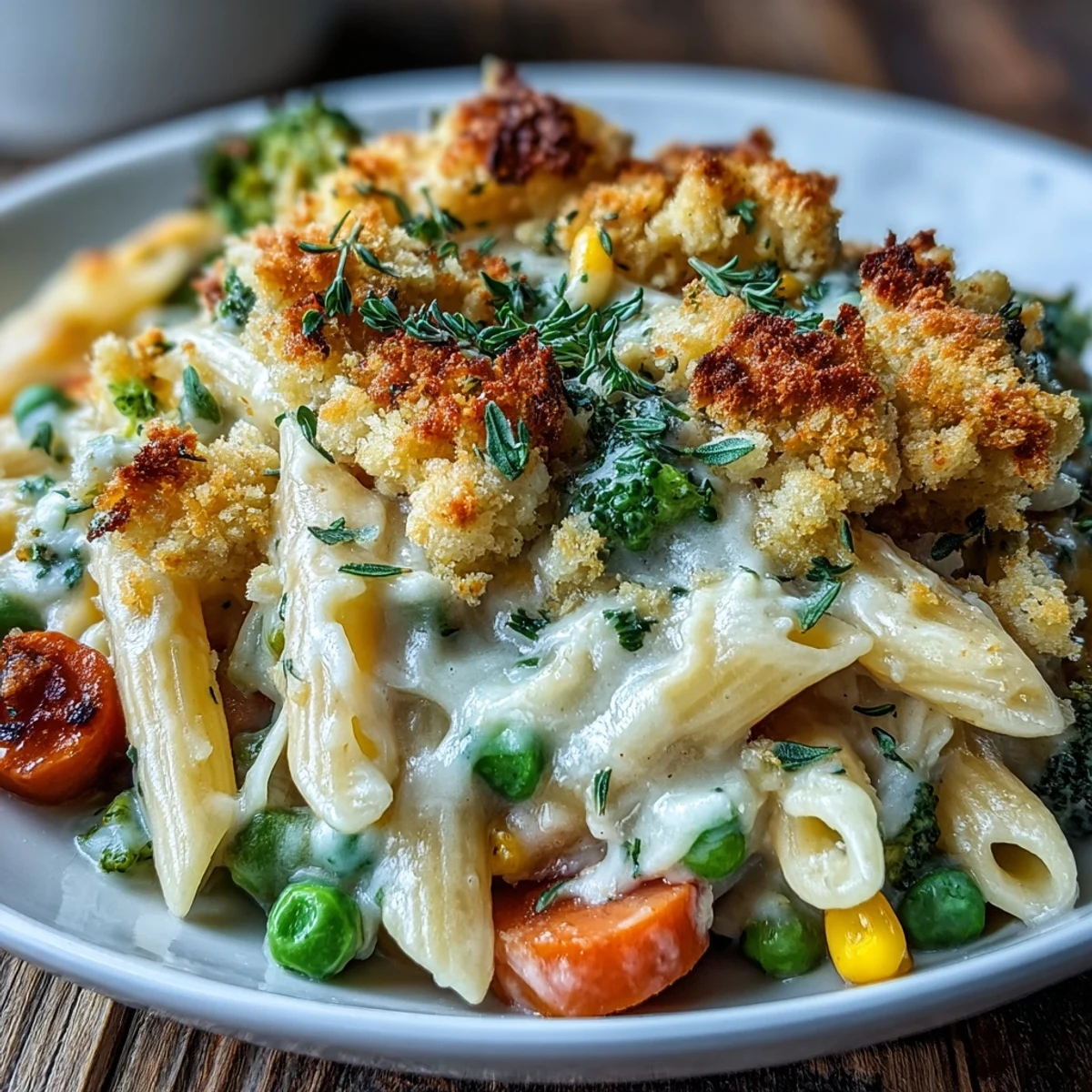 Creamy Veggie Pot Pie Pasta served in a skillet with a golden biscuit crumb topping and steam rising.