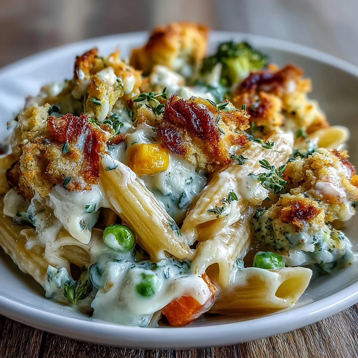 Fresh carrots, peas, and corn peek through the rich sauce in this comforting Creamy Veggie Pot Pie Pasta.