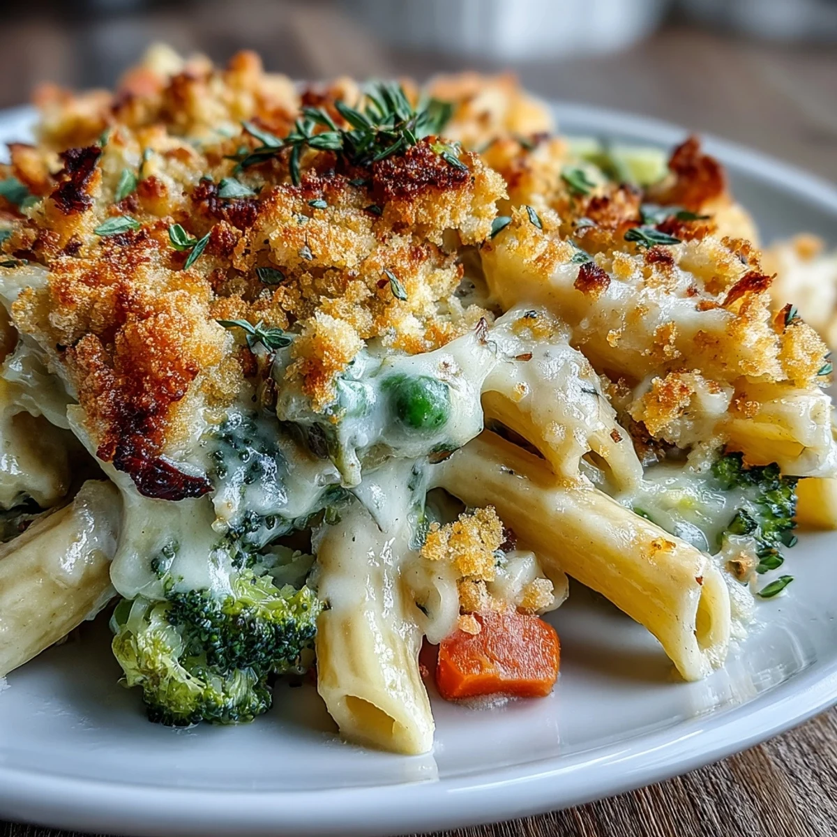 One-pot Creamy Veggie Pot Pie Pasta with a crispy, golden breadcrumb topping ready to serve hot.