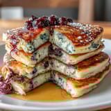 Golden brown sourdough lemon blueberry pancakes sizzling on a griddle, bursting with juicy berries and citrus aroma.  
