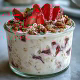 Creamy strawberry shortcake overnight oats with vanilla yogurt and fresh berries in a jar.  