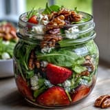 Colorful strawberry and goat cheese jar salad with crunchy nuts and crisp greens, perfect for outdoor dining or meal prep.