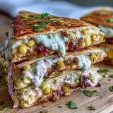 Golden-brown quesadillas stuffed with Mexican street corn, smoky chipotle crema, and zesty lime wedges.