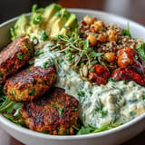 Colorful Spring Buddha Bowl layered with fresh greens, seasonal roasted veggies, falafel, and avocado, topped with pumpkin seeds.  