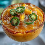 A refreshing spicy mango margarita slushie, perfectly blended with lime and a tempting chili rim.