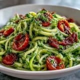 Vibrant zucchini noodles cloaked in creamy avocado pesto, a healthy, delightful dish.