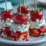 Decadent mini strawberry shortcake bites on skewers, a perfect bite-sized dessert.