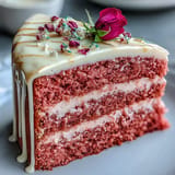 Pink rosé velvet cake, a festive treat with shimmery gold cascade.