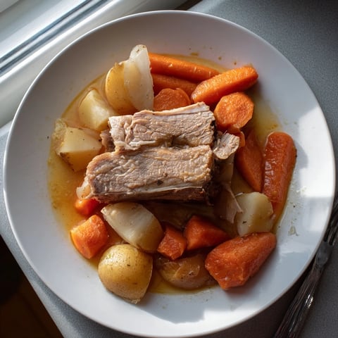 Hearty braised pork shoulder with vibrant root vegetables in savory broth.  