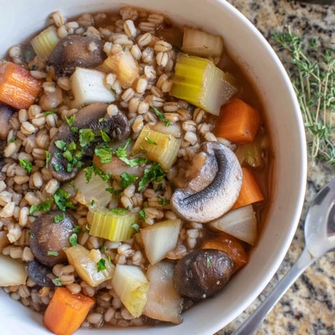 Hearty slow-cooked mushroom and barley stew served in a rustic bowl.  