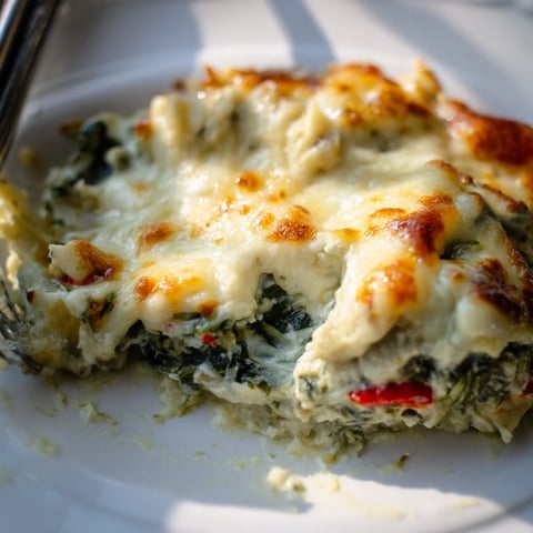 Creamy Cheesy Spinach and Artichoke Bake bubbling with golden cheese, perfect for sharing.  