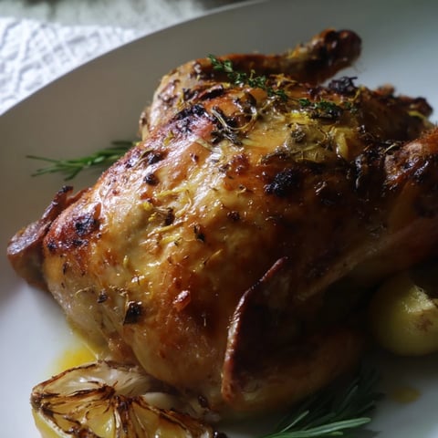 Juicy Lemon Herb Roasted Chicken with Garlic garnished with fresh herbs and lemon slices.  