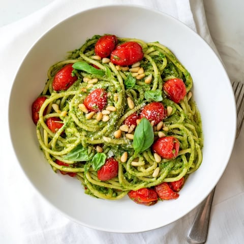 Vibrant Fresh Basil Pesto Pasta with Cherry Tomatoes topped with extra Parmesan and fresh basil.  