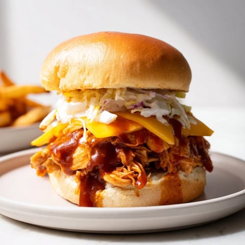 Tender BBQ Chicken Sliders piled high, served with a generous portion of golden crispy fries.