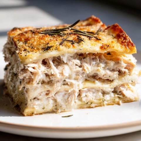 Golden, bubbly Rosemary Chicken Lasagna fresh from the oven, ready to be devoured.