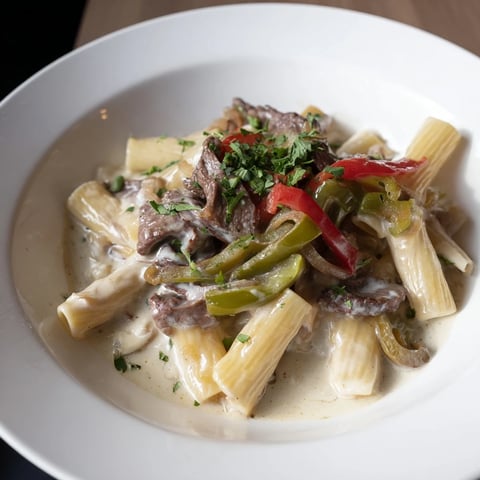Creamy Philly Cheesesteak Pasta boasts tender beef, melty cheese, and pasta for a comforting meal.