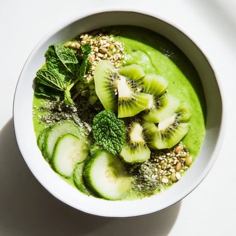 Vibrant green Green Smoothie Bowl brimming with fresh kiwi, kale, avocado, and crunchy hemp seeds.