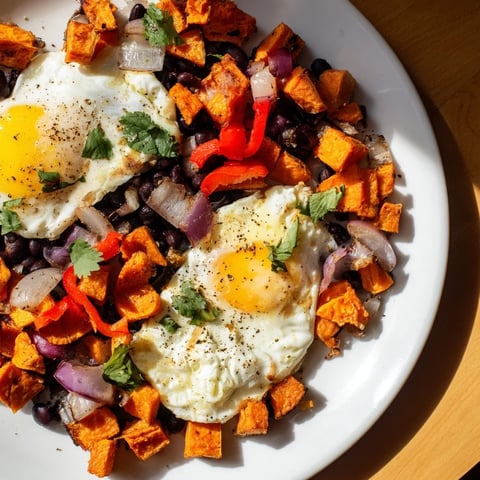 A delicious, colorful Sweet Potato & Black Bean Breakfast Hash topped with perfectly cooked sunny-side-up eggs.