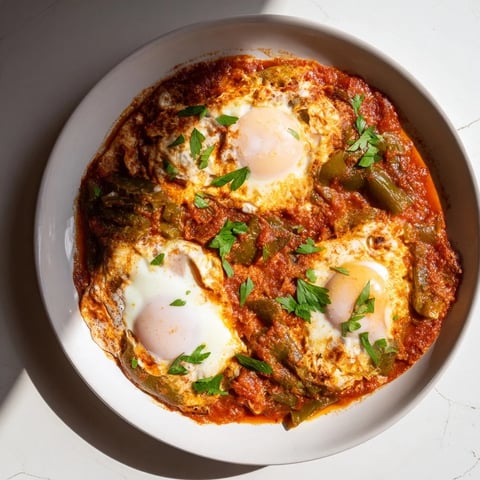 Hearty Shakshuka simmering in a skillet, showcasing bright red tomato sauce and perfectly poached eggs.
