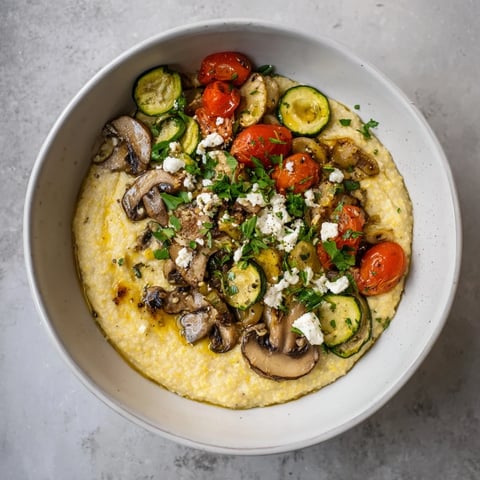 Creamy Cornmeal Mush Polenta Bowls, served with roasted vegetables and a drizzle of olive oil.