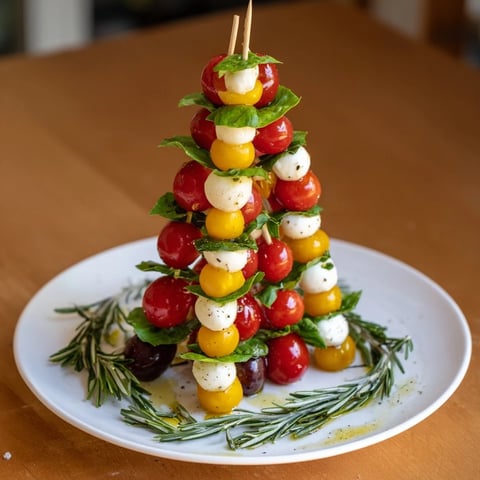 Easy Christmas Tree Caprese Skewers arranged on a platter, showcasing vibrant red tomatoes with fresh basil.