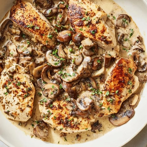Creamy tarragon chicken and mushroom skillet, golden chicken atop a rich mushroom sauce, ready to serve.
