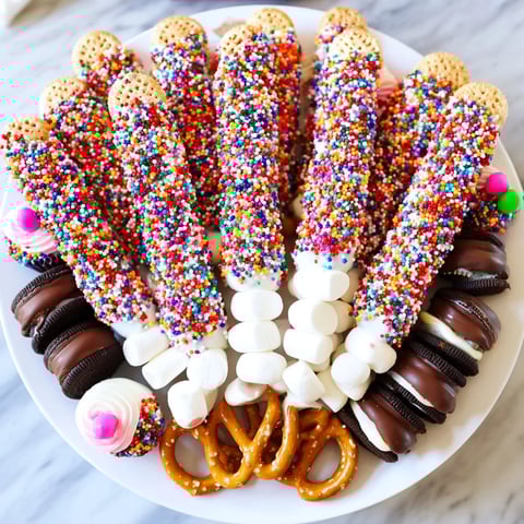 Rainbow Sprinkle Party Board with chocolate-dipped strawberries, an easy festive dessert platter.