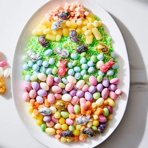 Festive Egg-Shaped Candy Platter, brimming with pastel chocolate eggs and colorful jelly beans, ready to enjoy.