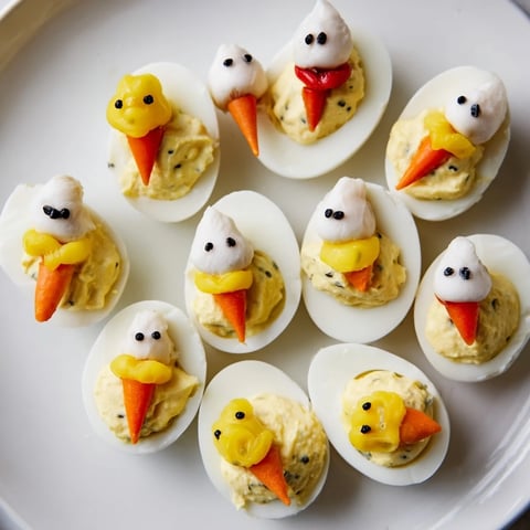Fluffy Chick & Duckling Snacks: Colorful, egg-filled appetizers decorated as adorable spring treats.
