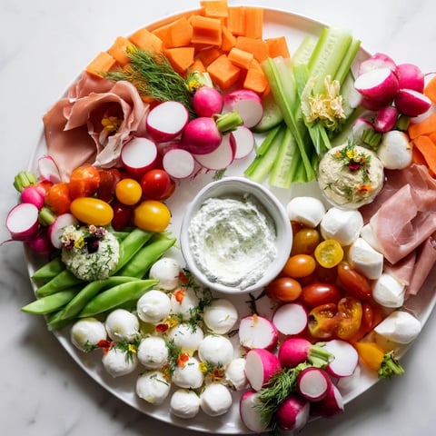 Vibrant Spring Wreath Appetizer Platter features fresh veggies, cheeses, and dips, a festive welcome.