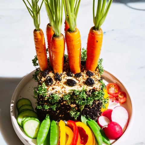 A vibrant Carrot Patch Veggie Board features colorful carrots and a "soil" dip for fun snacking.
