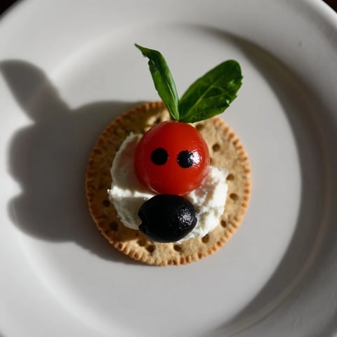 Ladybug Love Picnic Finger Foods on a platter, showcasing vibrant tomatoes and olives, ready to eat.