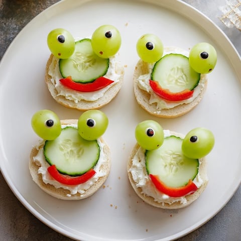 Playful Prince Charming Froggy Sandwich cutouts with vibrant green grapes and bright red tomato cheeks.