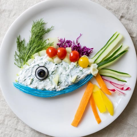 Ocean Blue Fish-Shaped Dip Tray: Vibrant, colorful appetizer dip in a fish design with fresh veggie accompaniments.